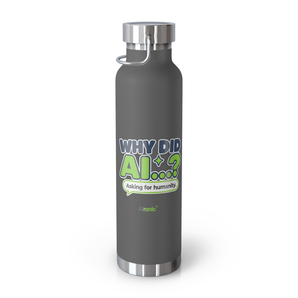 Navy water bottle featuring “Why did AI...?” AI humor design by AIronic, catalog view 2