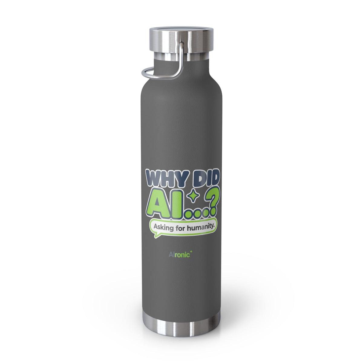 Navy water bottle featuring “Why did AI...?” AI humor design by AIronic, catalog view 2