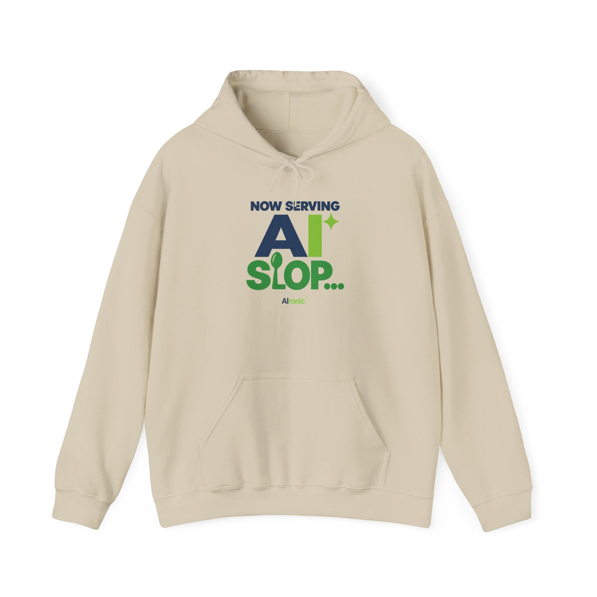 AIronic hoodie featuring "Now Serving AI Slop" AI humor design, gallery view 3