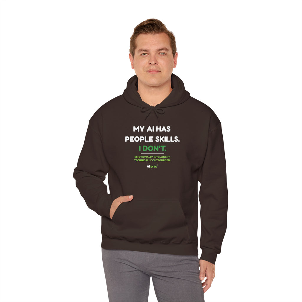 Hoodie featuring “My AI Has People Skills. I Don't.” AI humor design by AIronic, gallery view 30