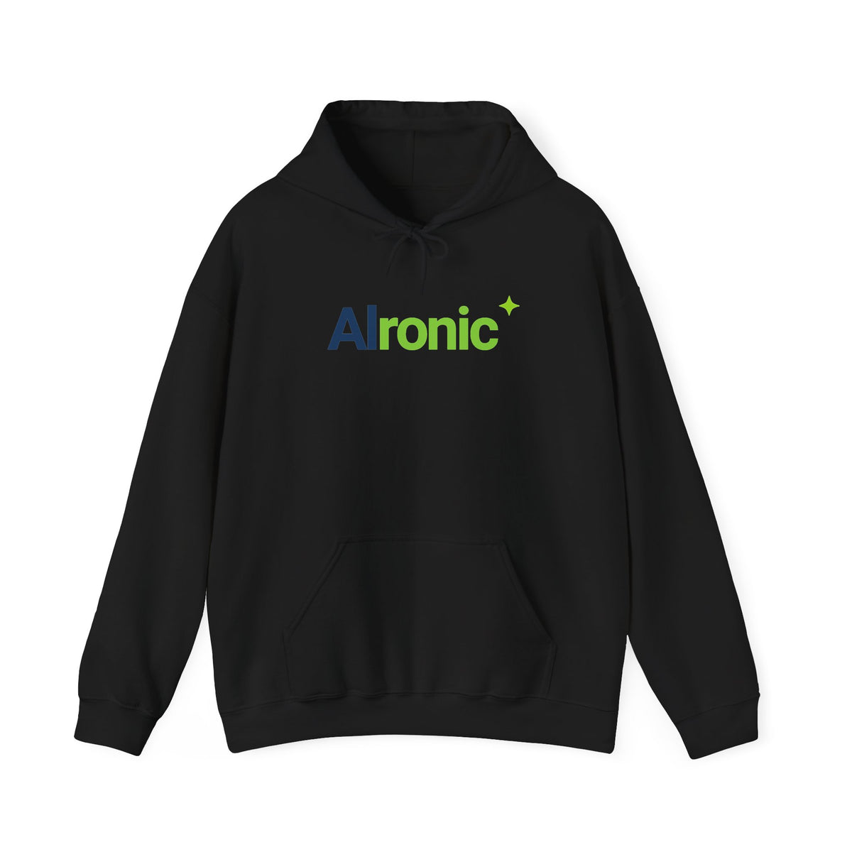 Black hoodie featuring “AI created this shirt” AI humor design by AIronic, catalog view 1