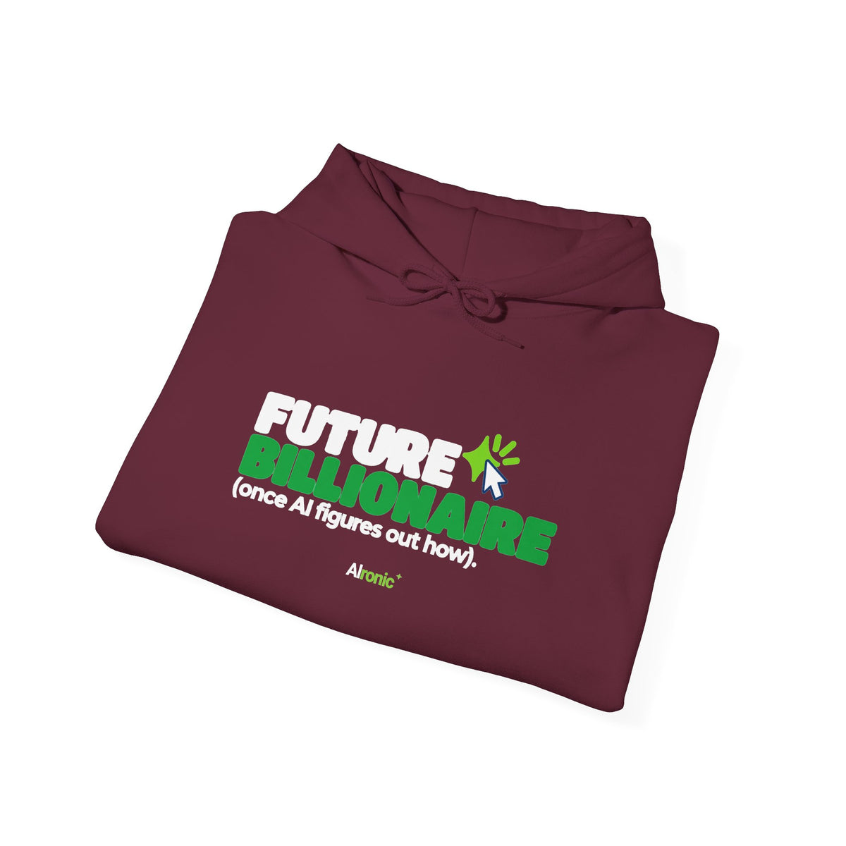 Dark Chocolate hoodie featuring “Future billionaire, once AI figures out how” AI humor design by AIronic, catalog view 3