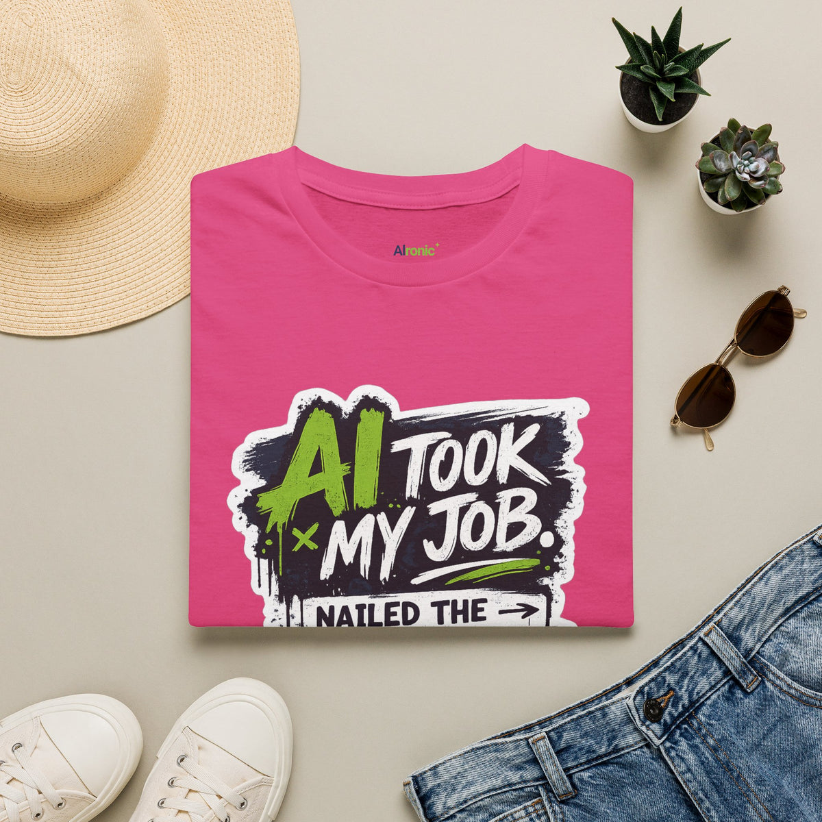 Heliconia T-Shirt featuring "AI Took My Job - Nailed Exit Interview" AI humor design by AIronic, gallery view 11