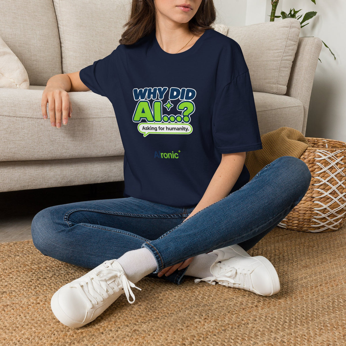 Navy T-shirt featuring “Why did AI...?” AI humor design by AIronic, catalog view 1