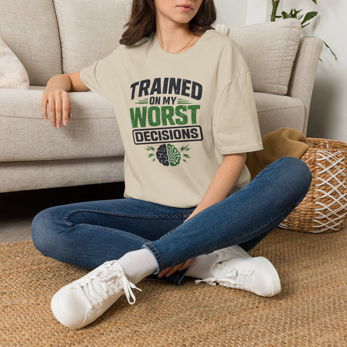 T-Shirt featuring "Trained on My Worst Decisions Fitness" AI humor design by AIronic, gallery view 19
