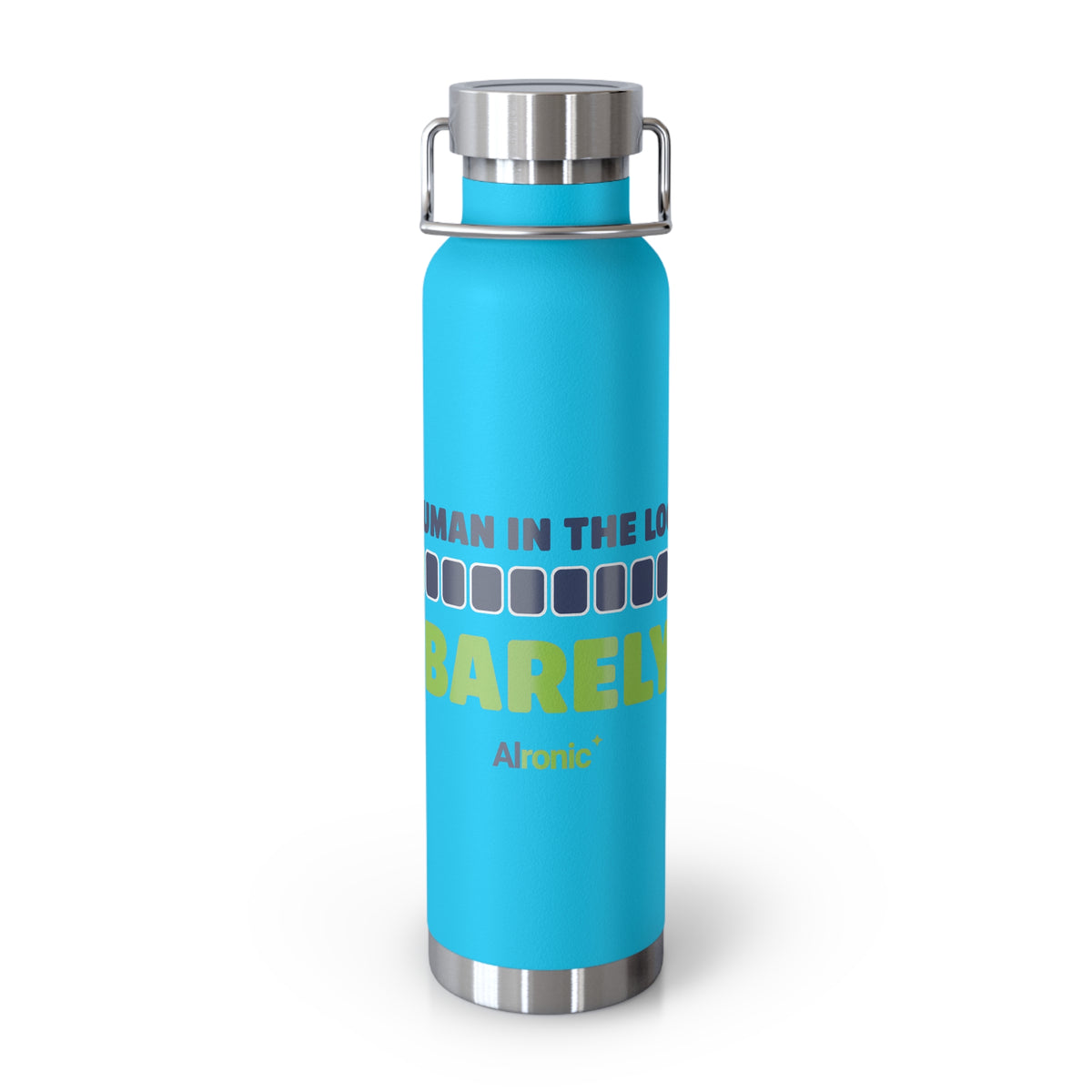 Pebble Blue Water Bottle featuring "Human in the Loop. Barely." AI humor design by AIronic, gallery view 7