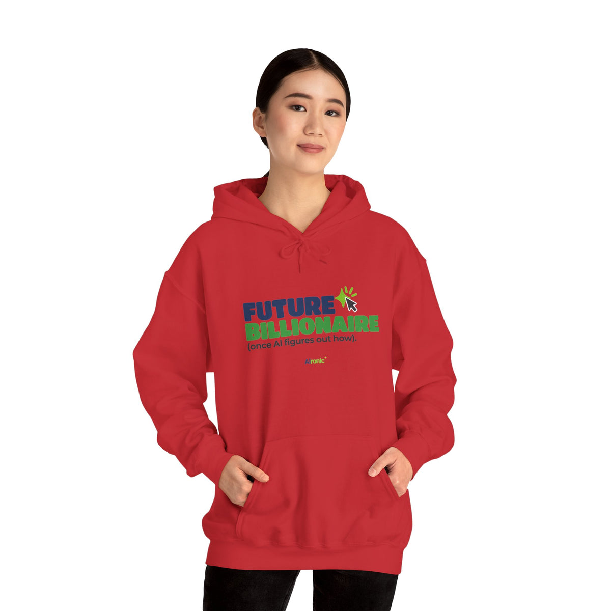 Light Pink hoodie featuring “Future billionaire, once AI figures out how” AI humor design by AIronic, catalog view 5