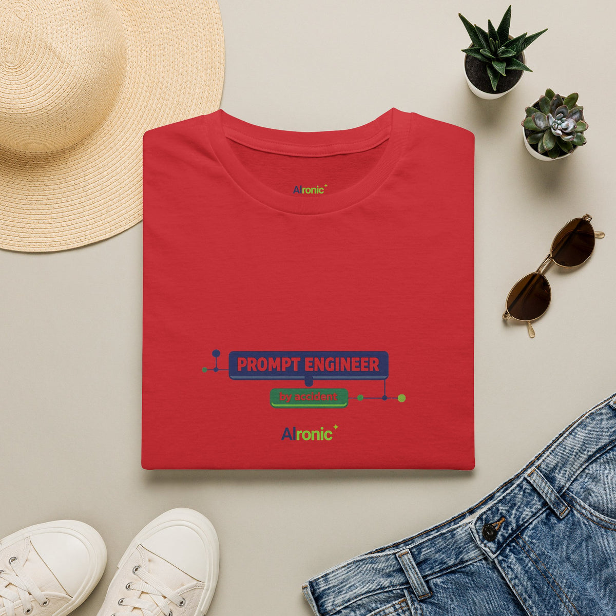 Red T-Shirt featuring "Prompt Engineer by Accident" AI humor design by AIronic, gallery view 12