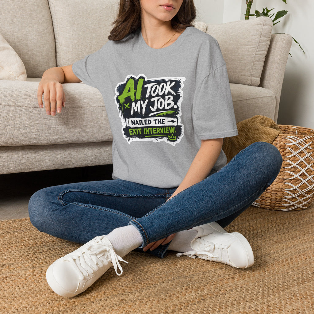 T-Shirt featuring "AI Took My Job - Nailed Exit Interview" AI humor design by AIronic, gallery view 22
