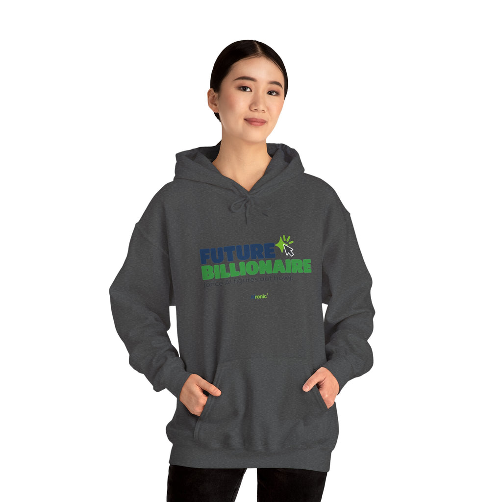 Sand hoodie featuring “Future billionaire, once AI figures out how” AI humor design by AIronic, catalog view 4