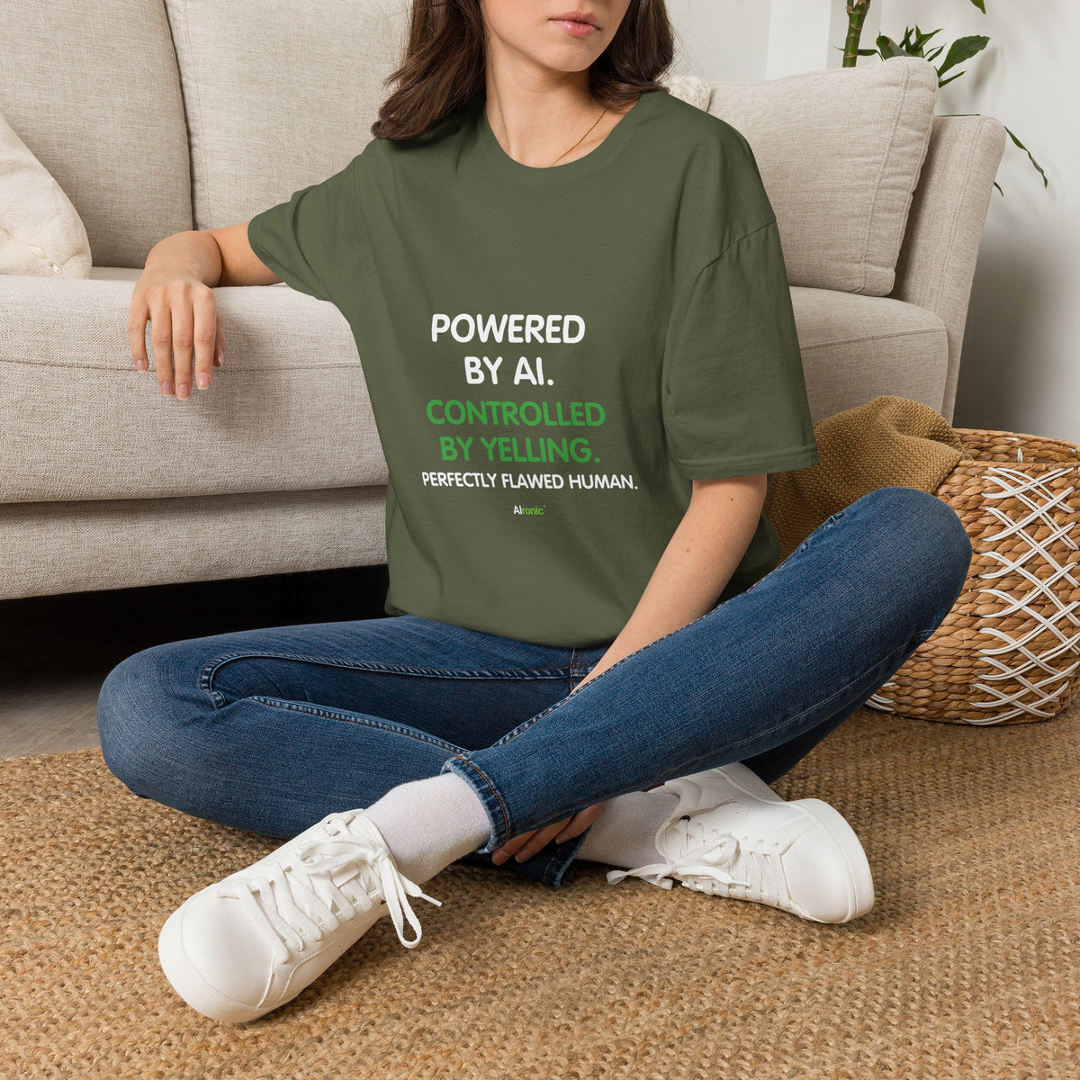 Military Green T-Shirt featuring "T-Shirt — "Powered by AI. Controlled by Yelli…" AI humor design by AIronic, gallery view 6