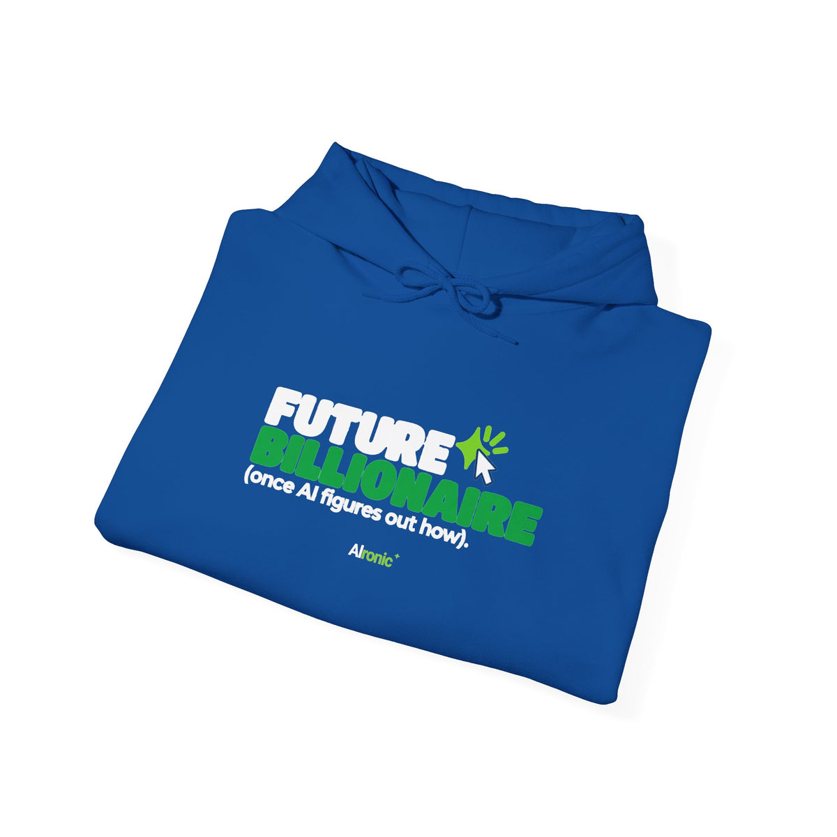 Navy hoodie featuring “Future billionaire, once AI figures out how” AI humor design by AIronic, catalog view 4