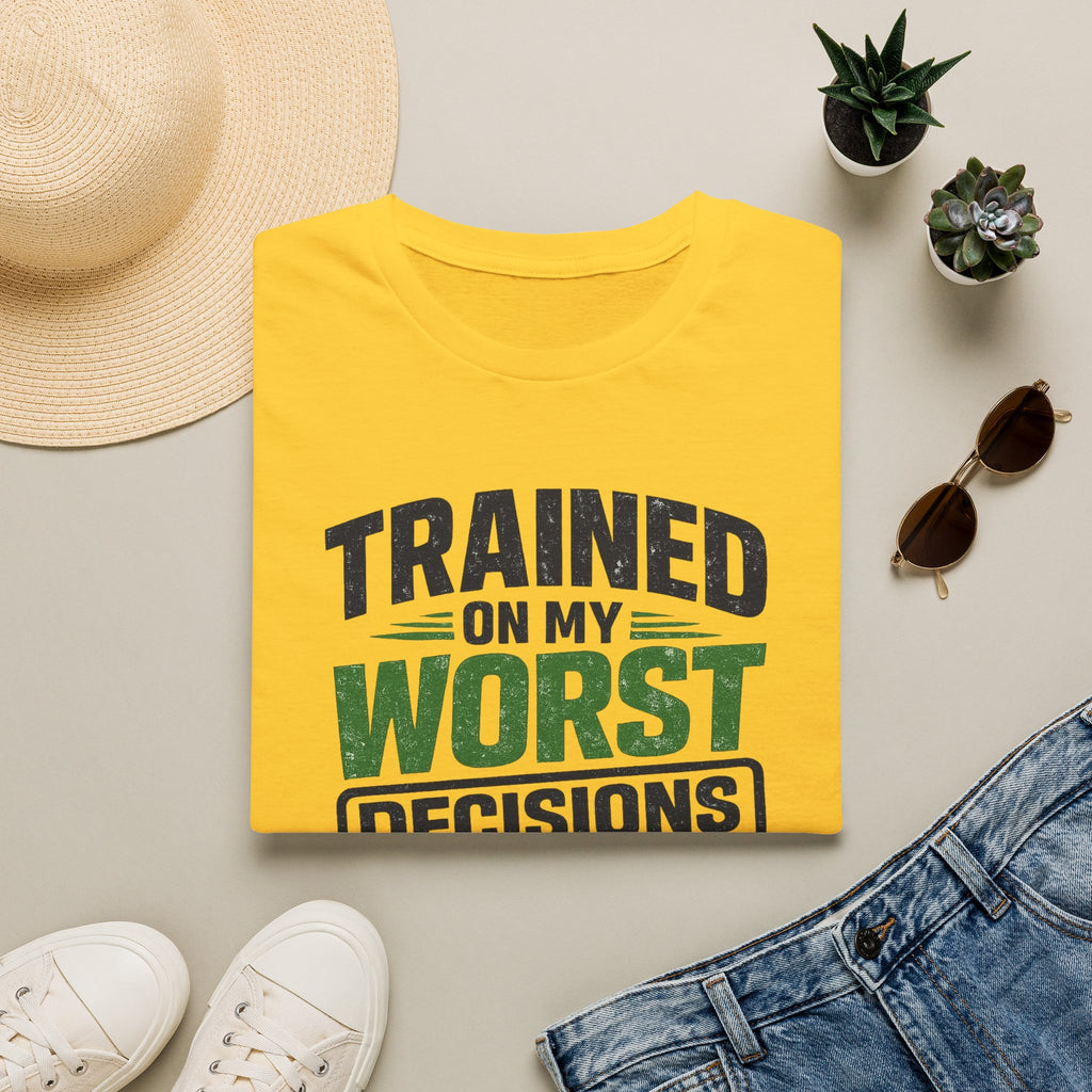 Daisy T-Shirt featuring "Trained on My Worst Decisions Fitness" AI humor design by AIronic, gallery view 7