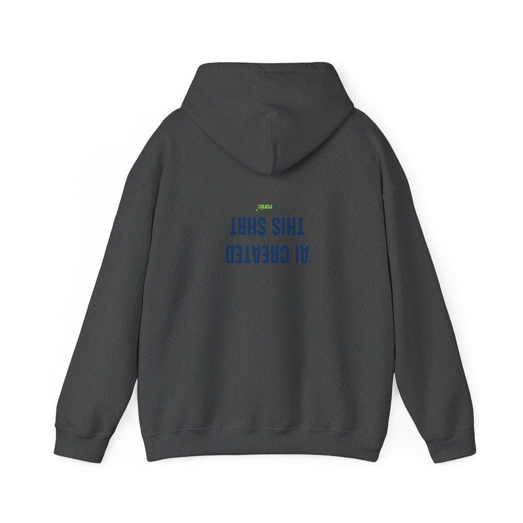 Dark Heather hoodie featuring minimal “AI created this shirt” AI humor design by AIronic, catalog view 3