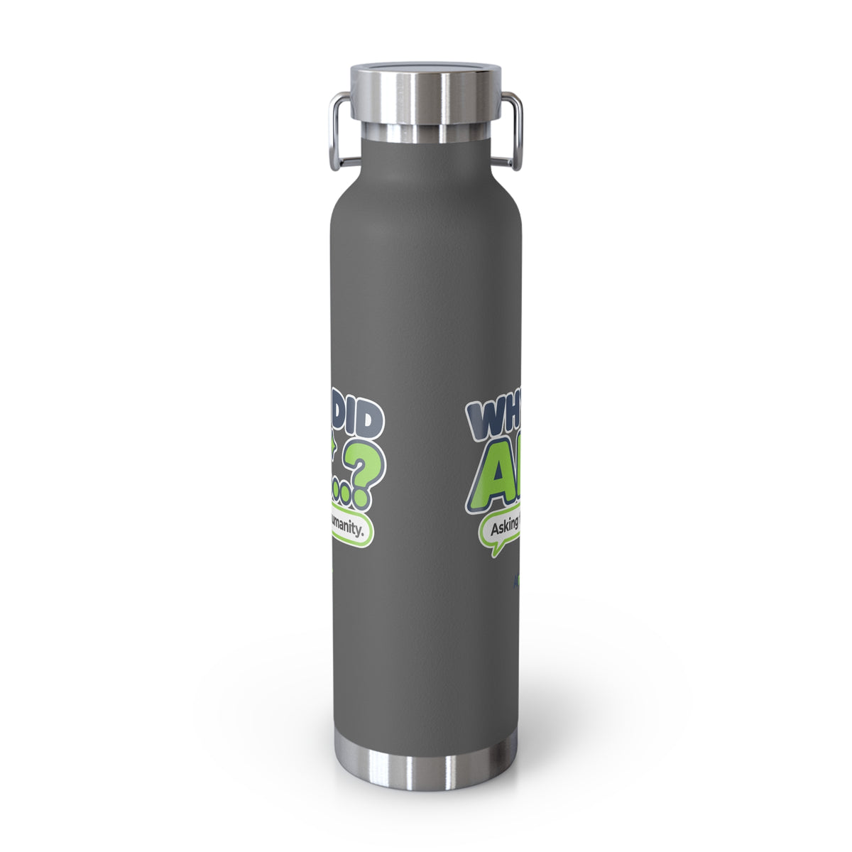 White water bottle featuring “Why did AI...?” AI humor design by AIronic, catalog view 3