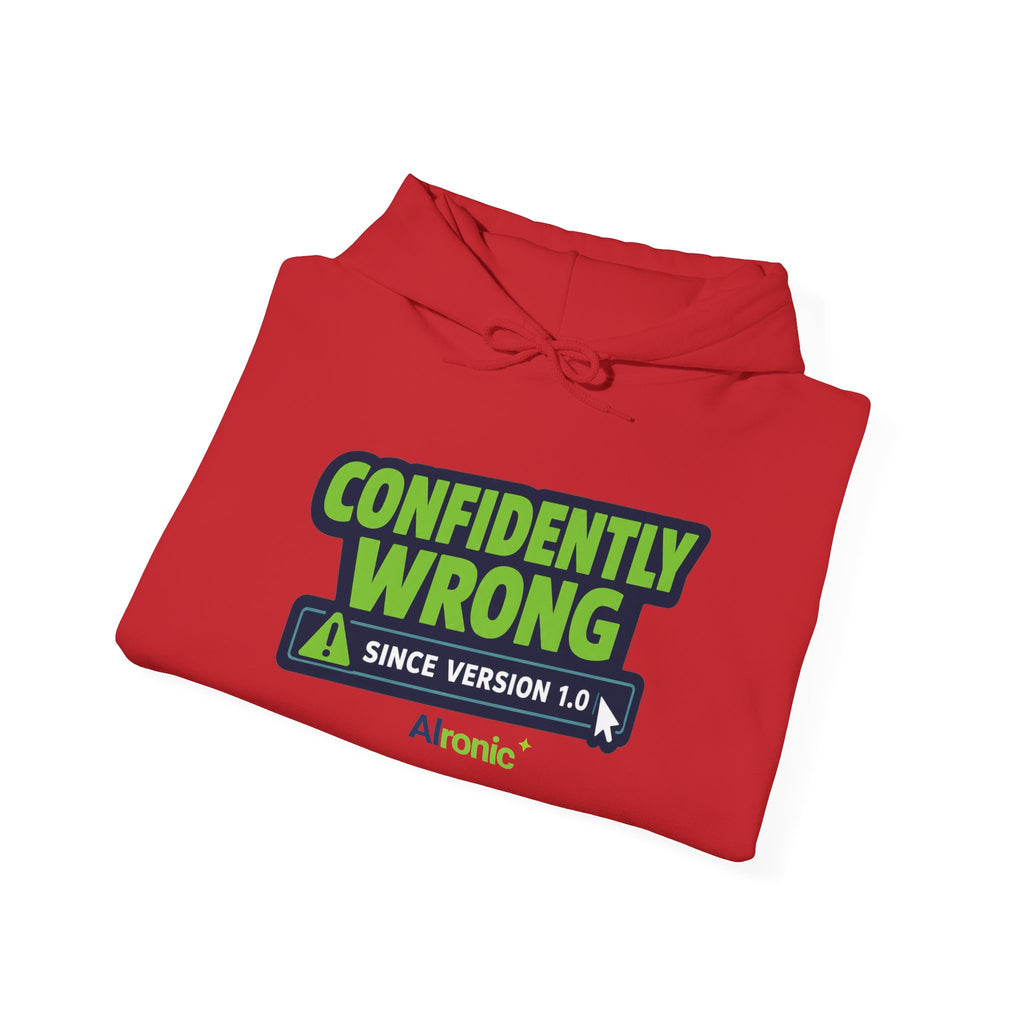 Hoodie featuring “Confidently Wrong Since Version 1.0” AI humor design by AIronic, gallery view 48