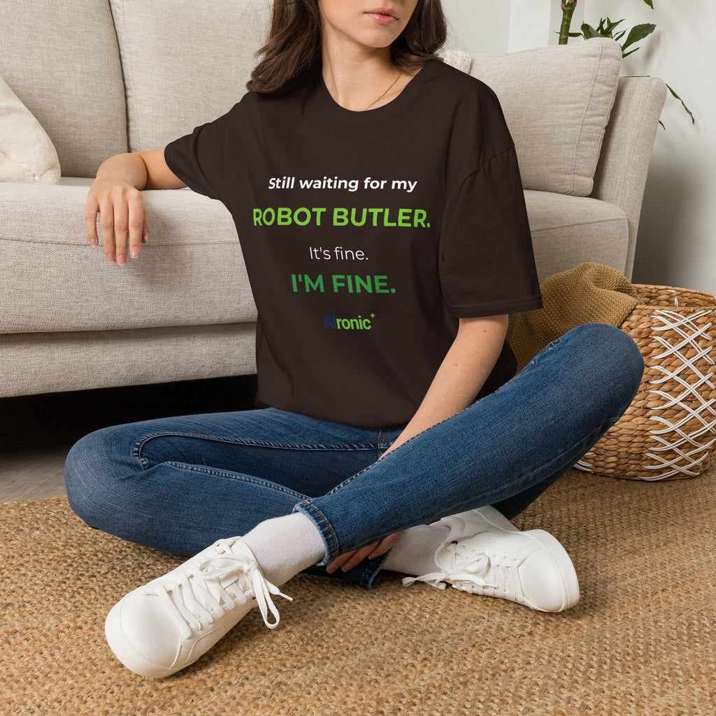 Dark Chocolate T-shirt featuring “Still waiting for my robot butler” AI humor design by AIronic, catalog view 1