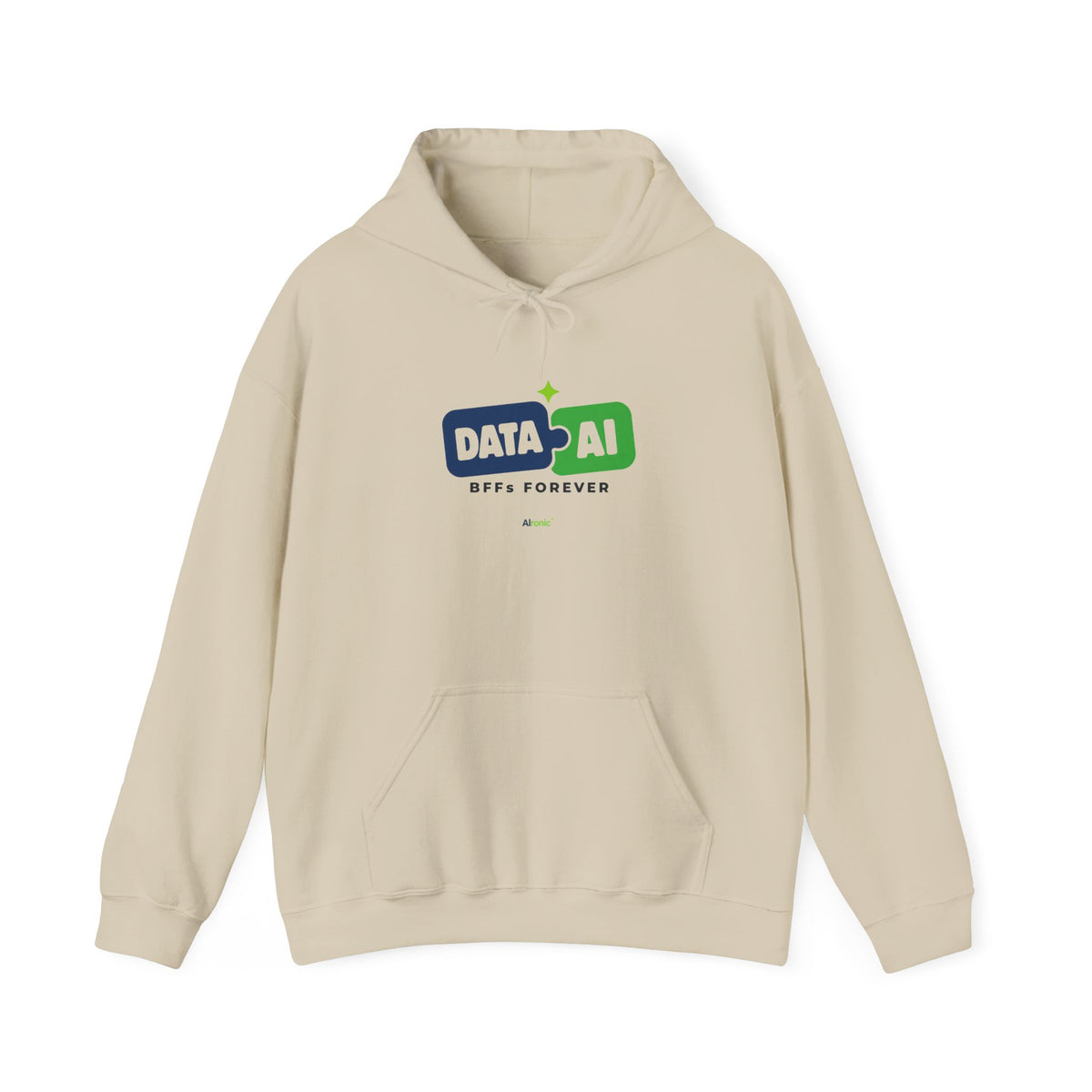 AIronic Hoodie featuring "Data + AI BFFs Forever" AI humor design, gallery view 3