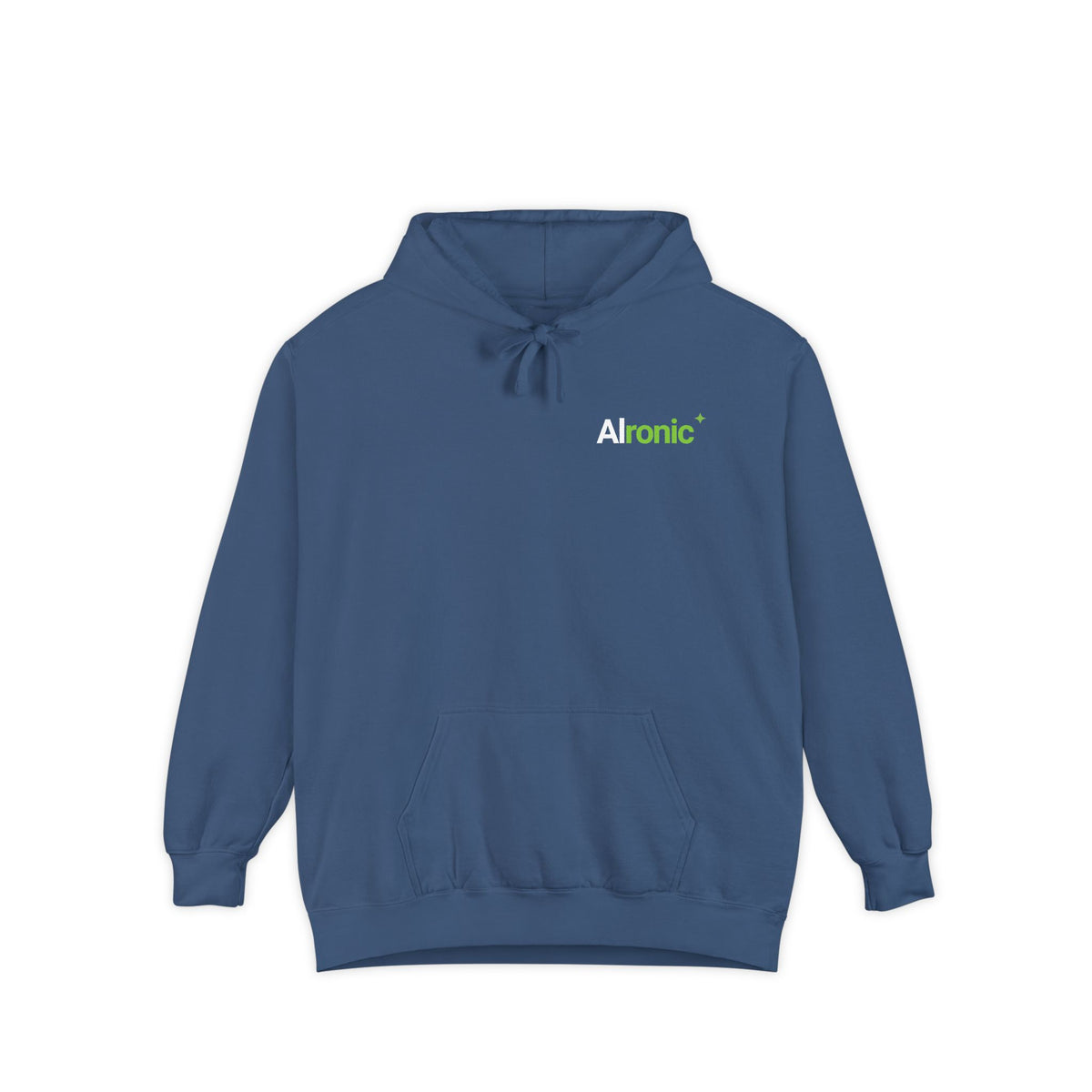 True Navy hoodie featuring “I asked AI. AI asked why” AI humor design by AIronic, catalog view 1
