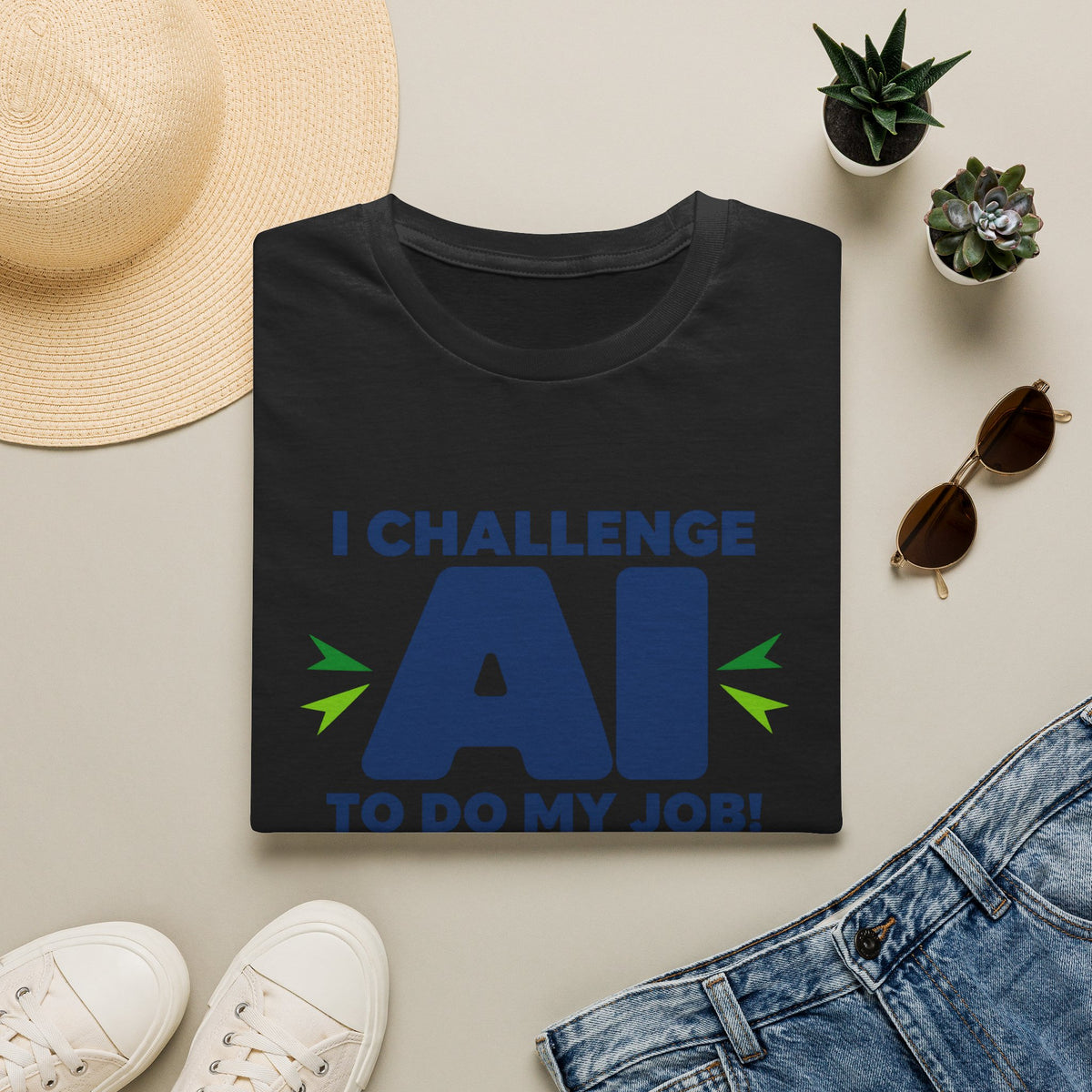 Black T-shirt featuring "I Challenge AI to Do My Job" by AIronic, product view 2