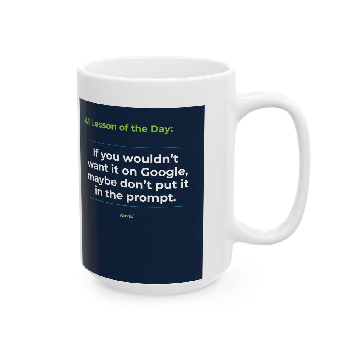 Mug featuring "We Don't Talk Privacy" AI humor design by AIronic, gallery view 8