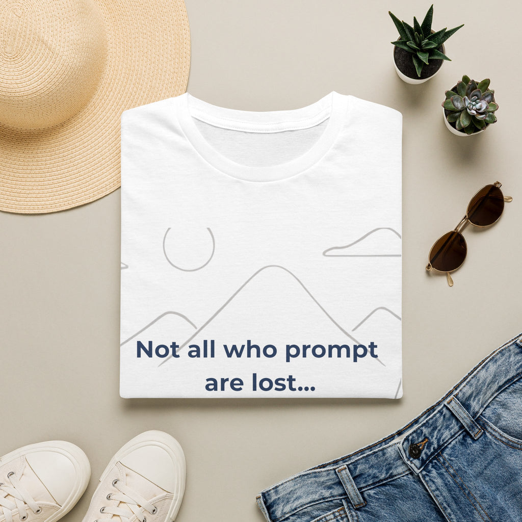 T-Shirt featuring "Not All Who Prompt Are Lost Scenic" AI humor design by AIronic, gallery view 13