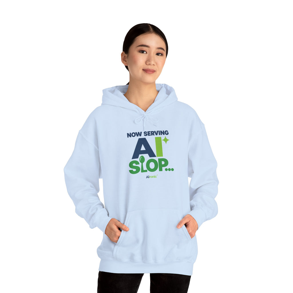 AIronic hoodie featuring "Now Serving AI Slop" AI humor design, gallery view 36