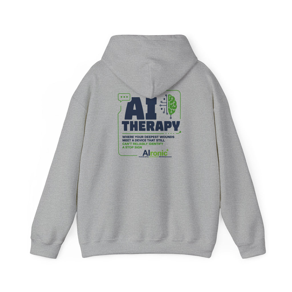 Hoodie featuring “AI Therapy” AI humor design by AIronic, gallery view 22