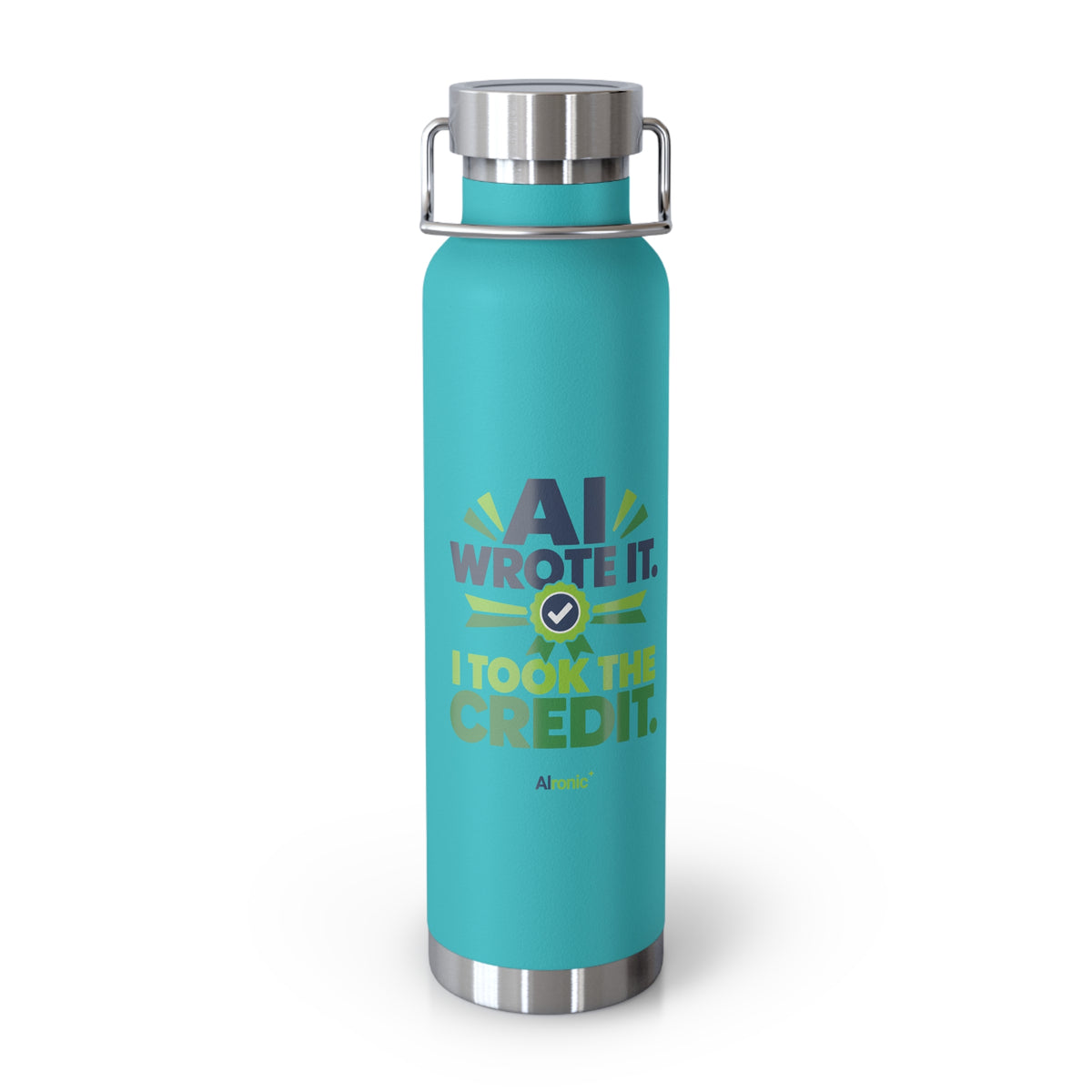 Mint Green Water Bottle featuring "AI Wrote It. I Took the Credit." AI humor design by AIronic, gallery view 6
