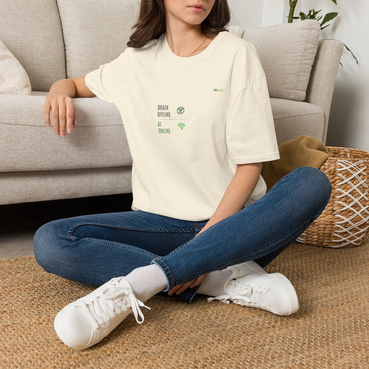 T-Shirt featuring "Brain Offline, AI Online" AI humor design by AIronic, gallery view 28