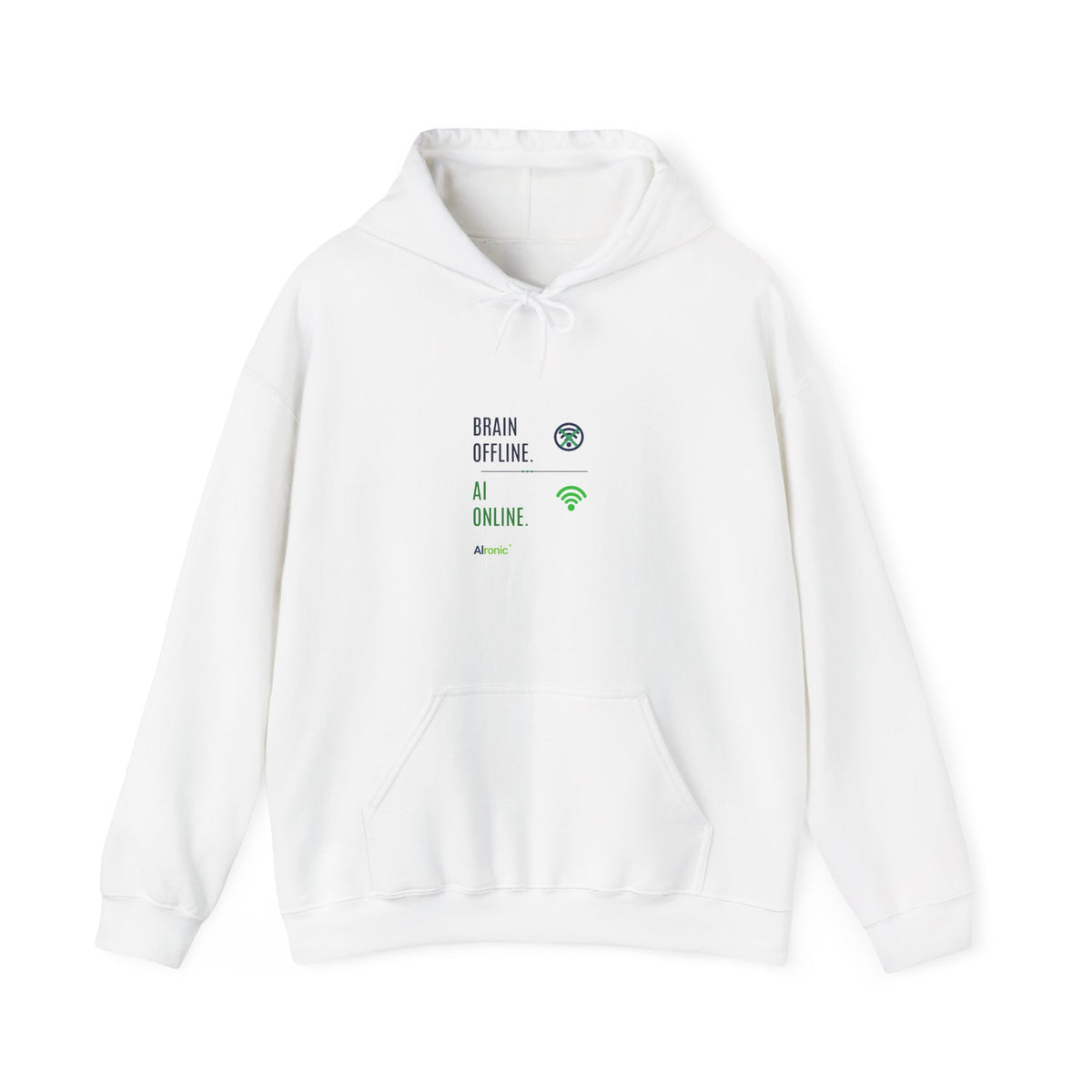 White Hoodie featuring "Brain Offline, AI Online" AI humor design by AIronic, gallery view 1