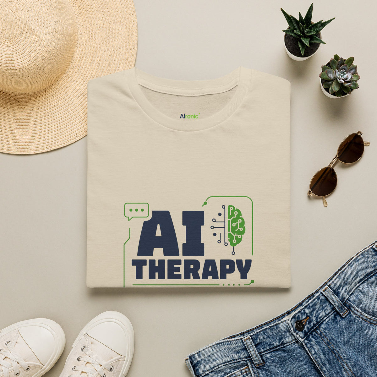 Sand T-Shirt featuring "AI Therapy" AI humor design by AIronic, gallery view 3