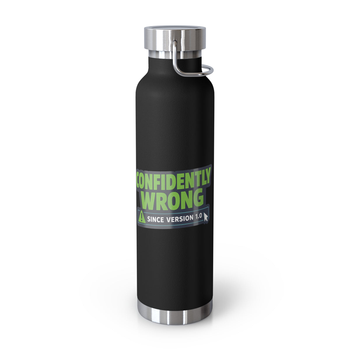Black Water Bottle featuring "Confidently Wrong" AI humor design by AIronic, gallery view 4