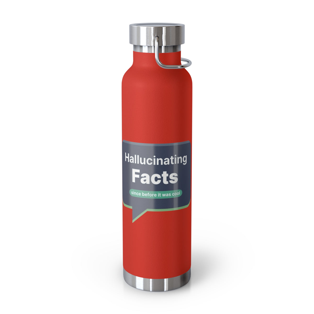 Red Water Bottle featuring "Hallucinating Facts" AI humor design by AIronic, gallery view 2
