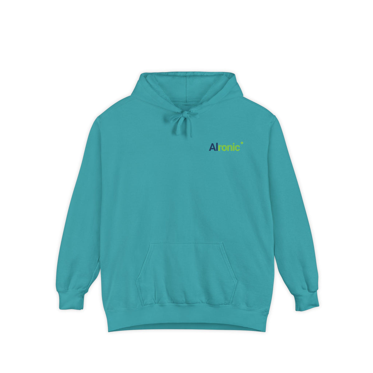 Seafoam hoodie featuring “I asked AI. AI asked why” AI humor design by AIronic, catalog view 1