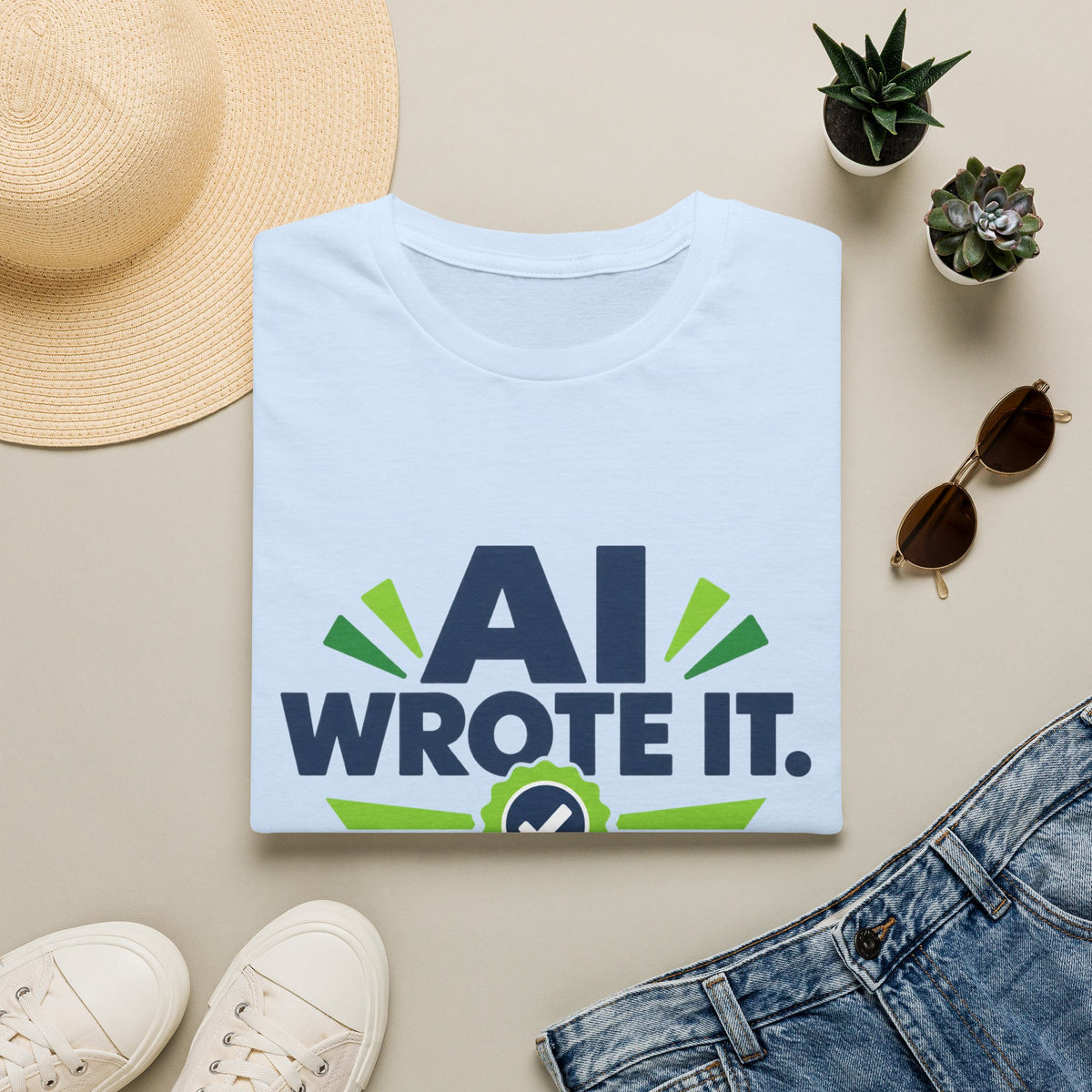 Light Blue T-Shirt featuring "AI Wrote It. I Took the Credit." AI humor design by AIronic, gallery view 8