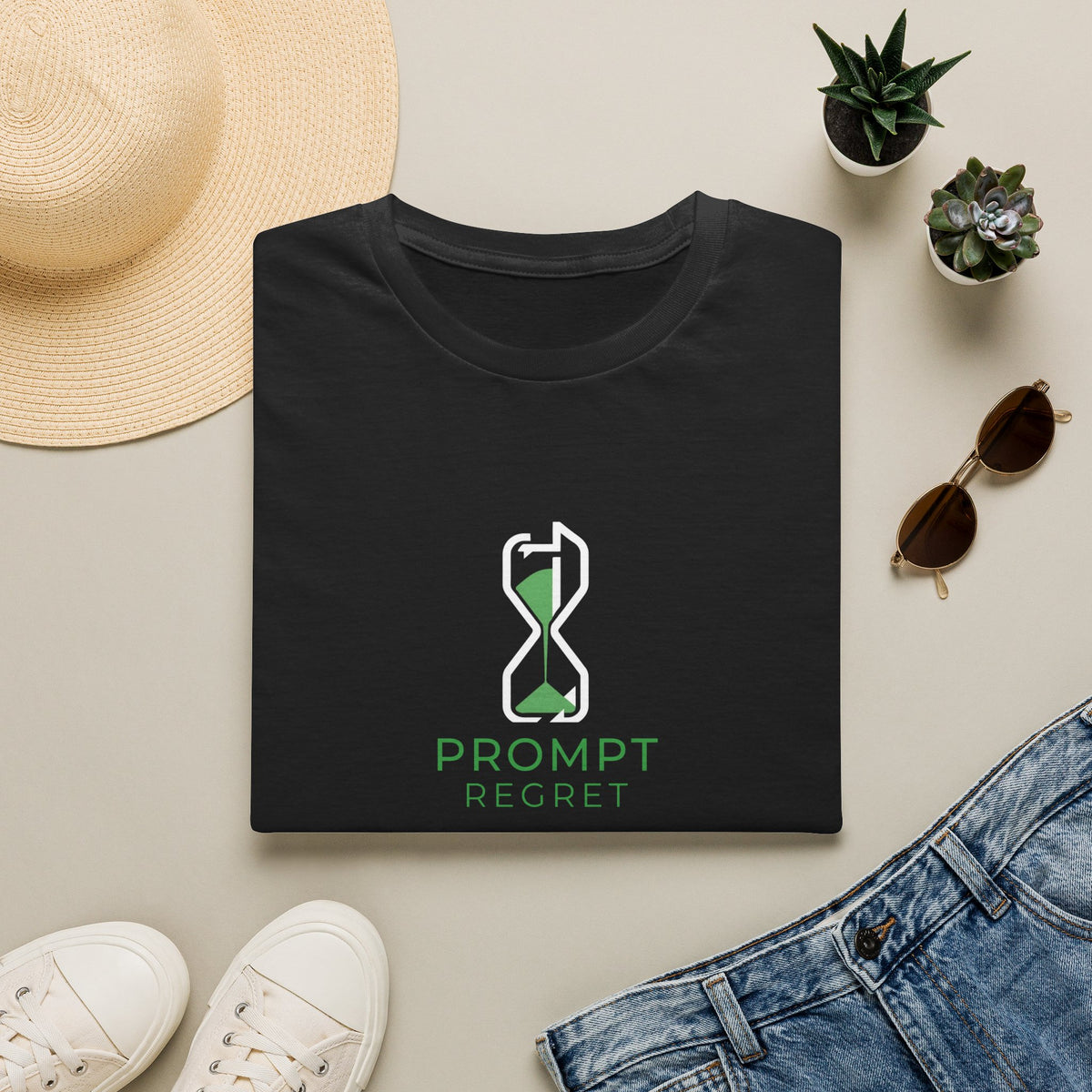 Black T-Shirt featuring "Prompt Regret Hourglass" AI humor design by AIronic, gallery view 2