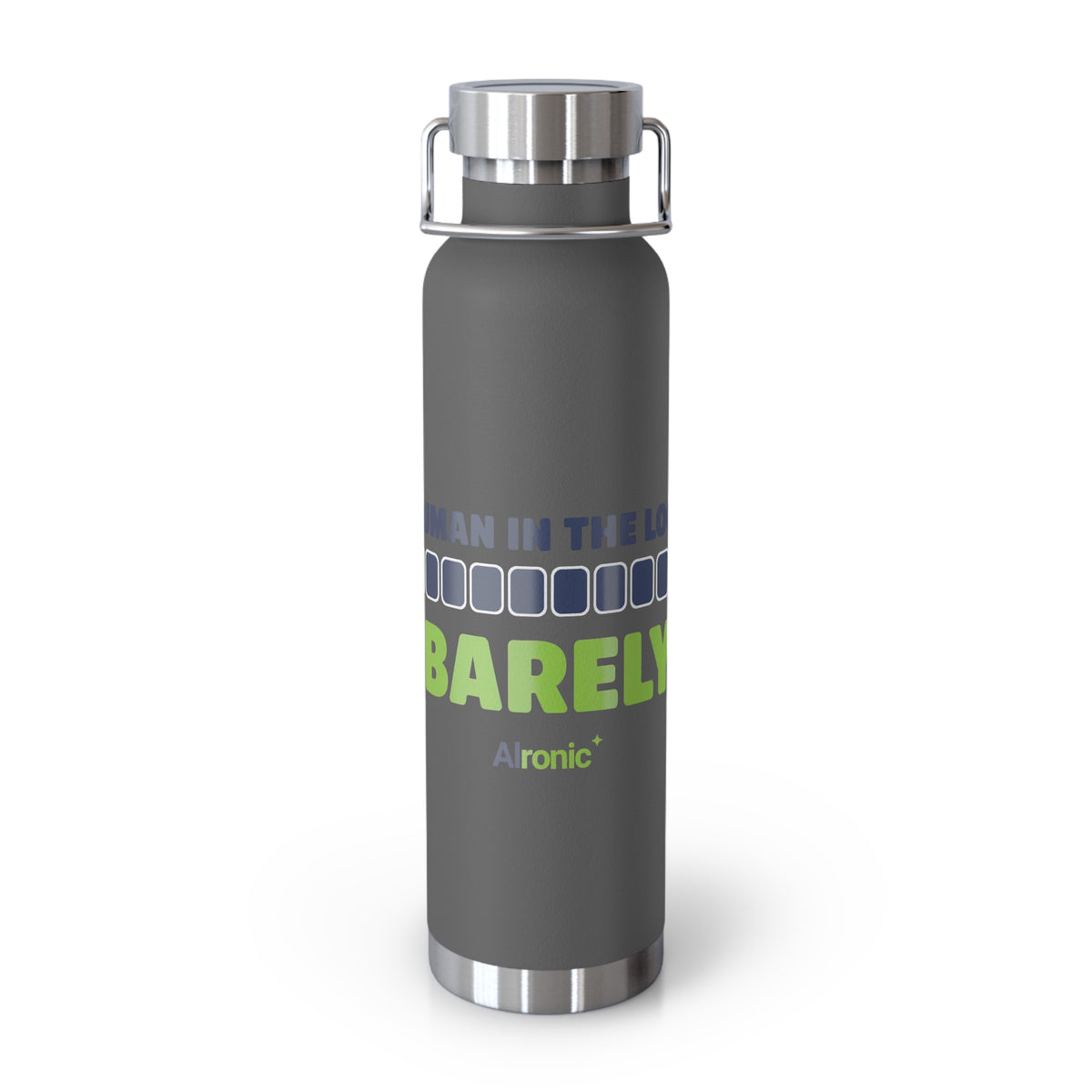 Grey Water Bottle featuring "Human in the Loop. Barely." AI humor design by AIronic, gallery view 3