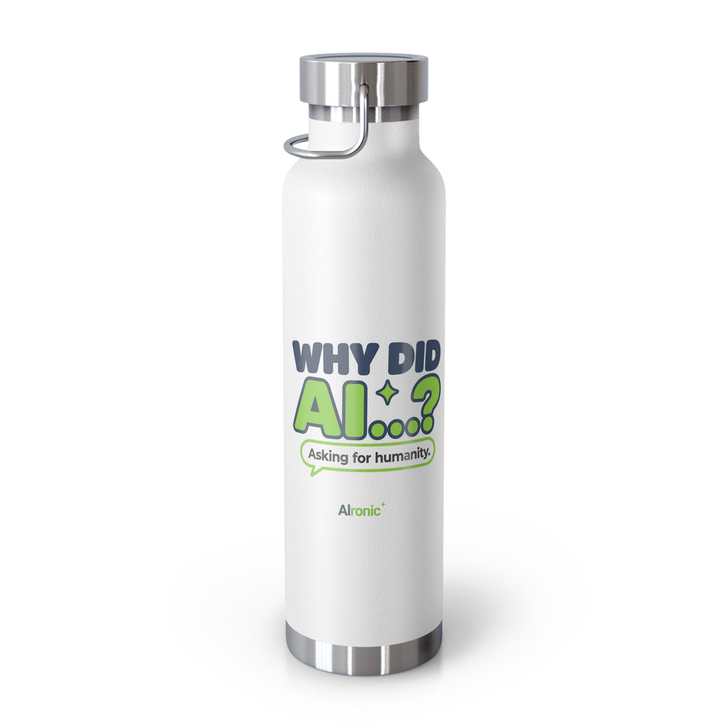 Red water bottle featuring “Why did AI...?” AI humor design by AIronic, catalog view 2