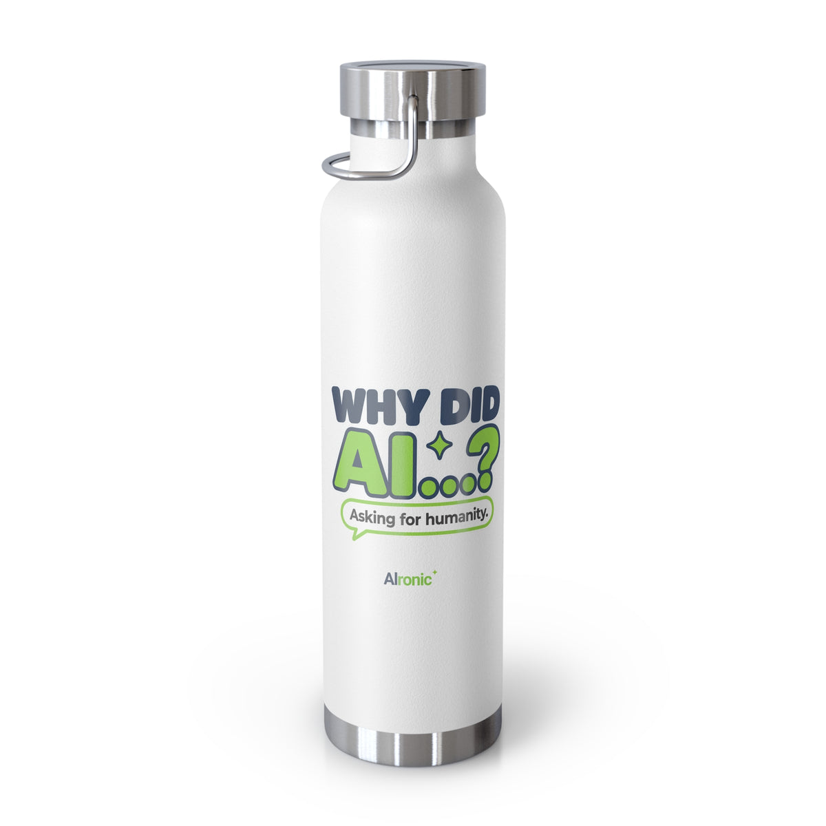 Red water bottle featuring “Why did AI...?” AI humor design by AIronic, catalog view 2