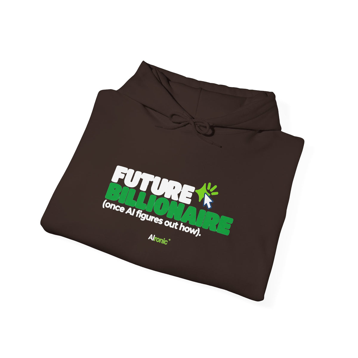 Navy hoodie featuring “Future billionaire, once AI figures out how” AI humor design by AIronic, catalog view 3