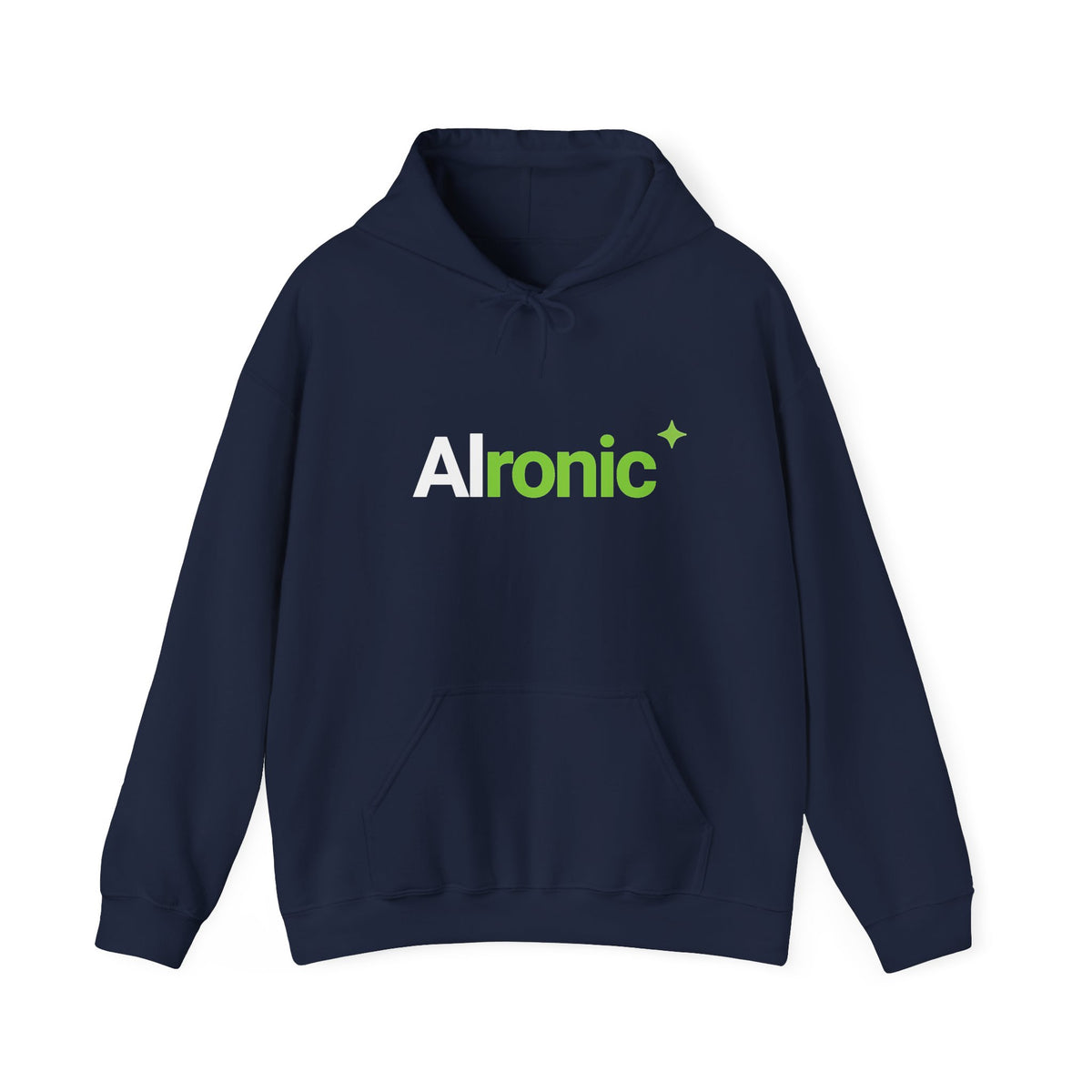 Navy hoodie featuring “AI created this shirt” AI humor design by AIronic, catalog view 1