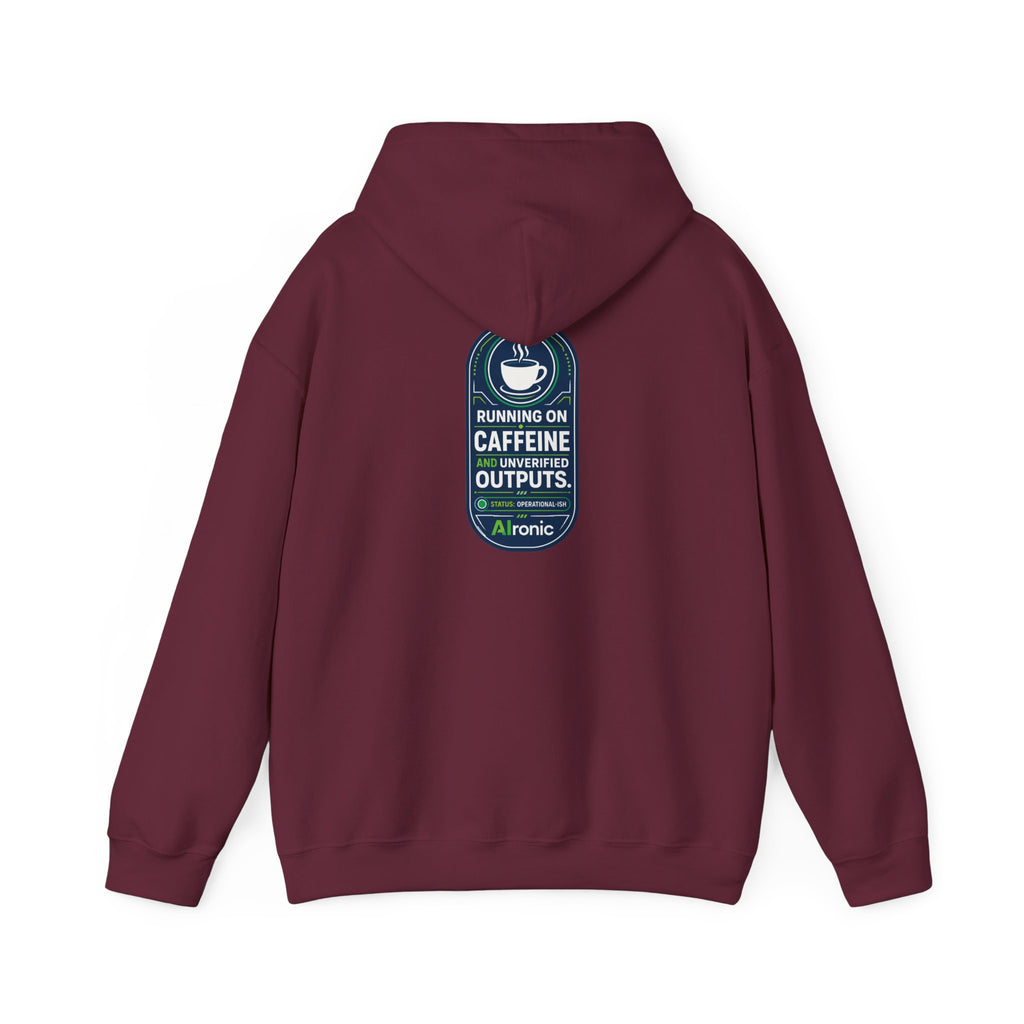 Hoodie featuring “Running on Caffeine, Unrivaled Outputs” AI humor design by AIronic, gallery view 25