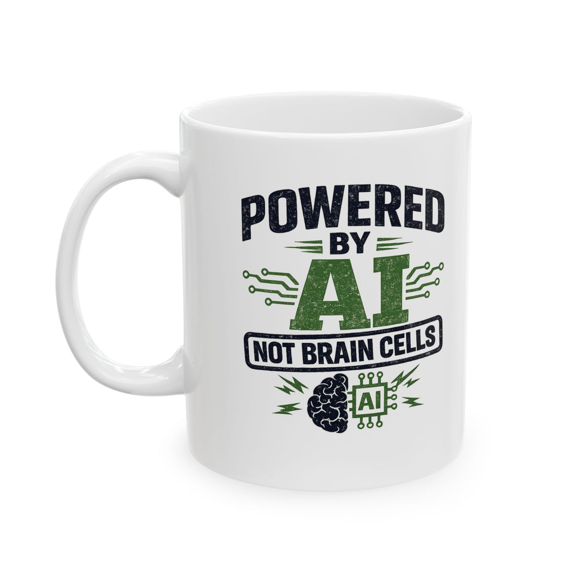 Mug featuring "Powered by AI" AI humor design by AIronic, gallery view 1