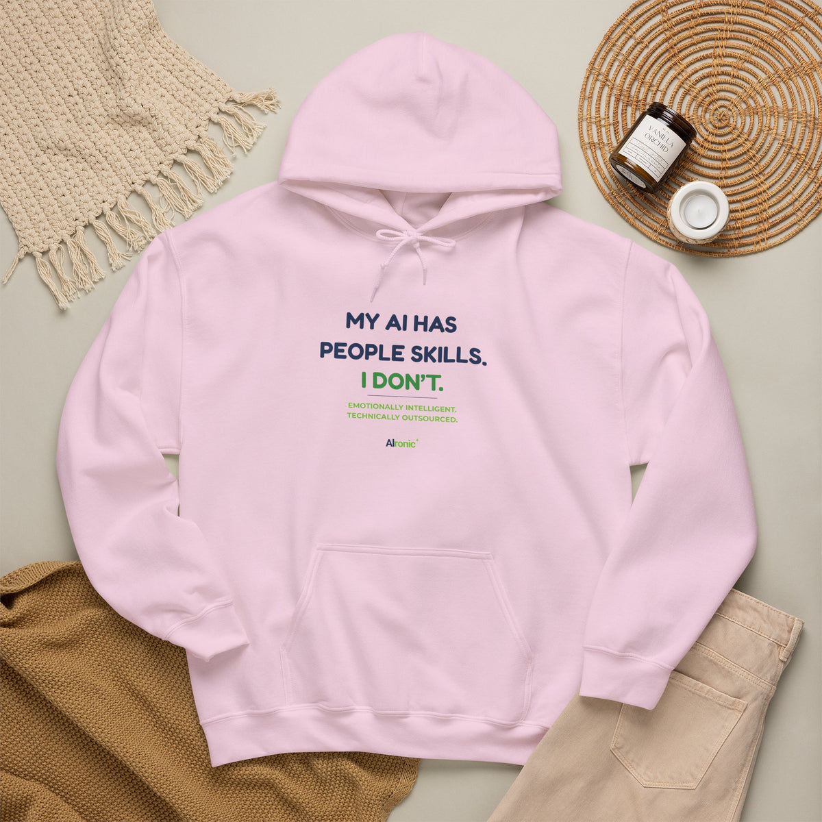 Hoodie featuring “My AI Has People Skills. I Don't.” AI humor design by AIronic, gallery view 44