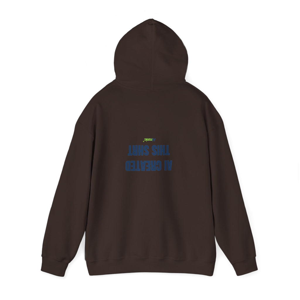 Maroon hoodie featuring minimal “AI created this shirt” AI humor design by AIronic, catalog view 3