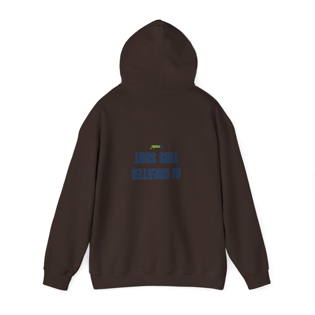 Maroon hoodie featuring minimal “AI created this shirt” AI humor design by AIronic, catalog view 3