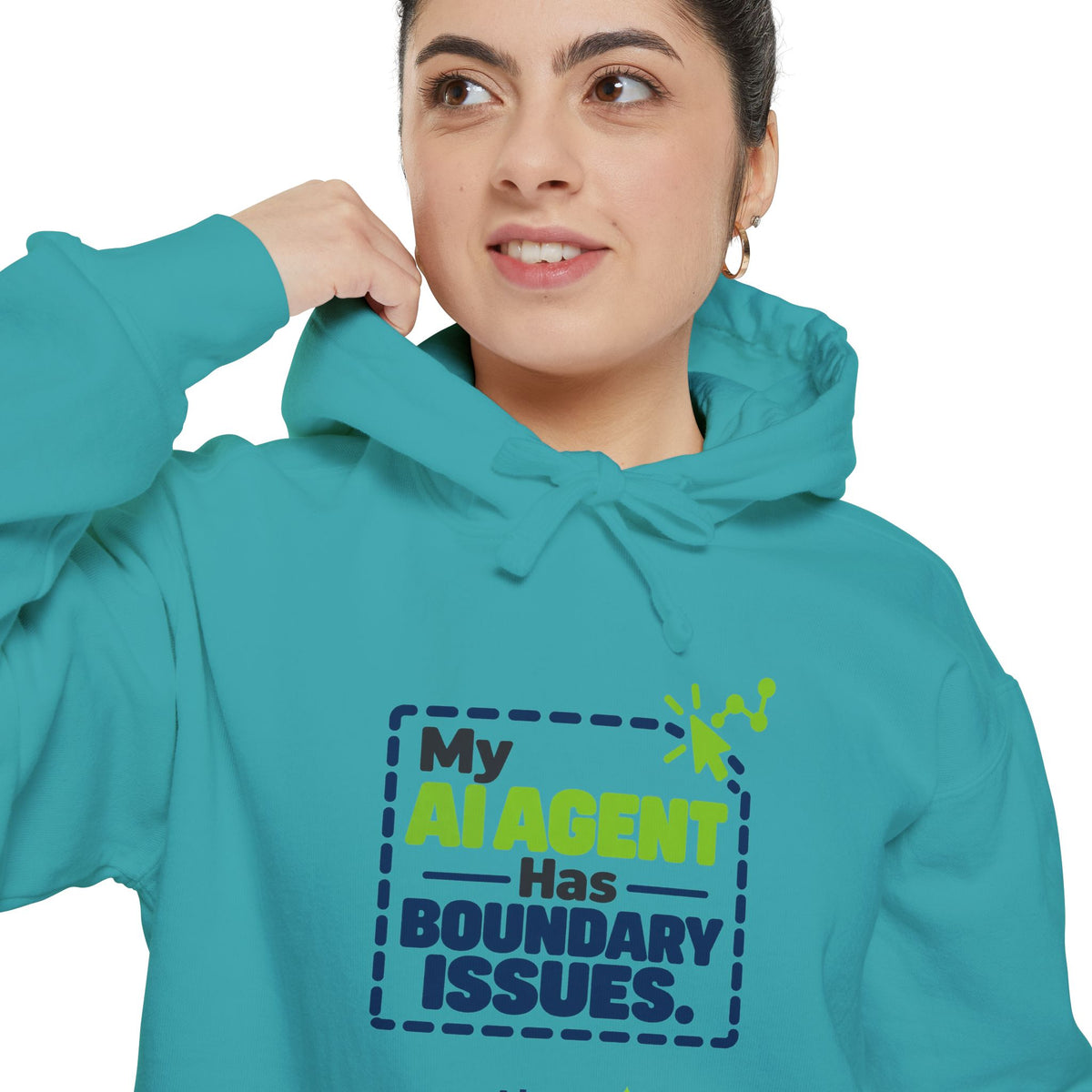 Flo Blue hoodie featuring “My AI agent has boundary issues” AI humor design by AIronic, catalog view 3