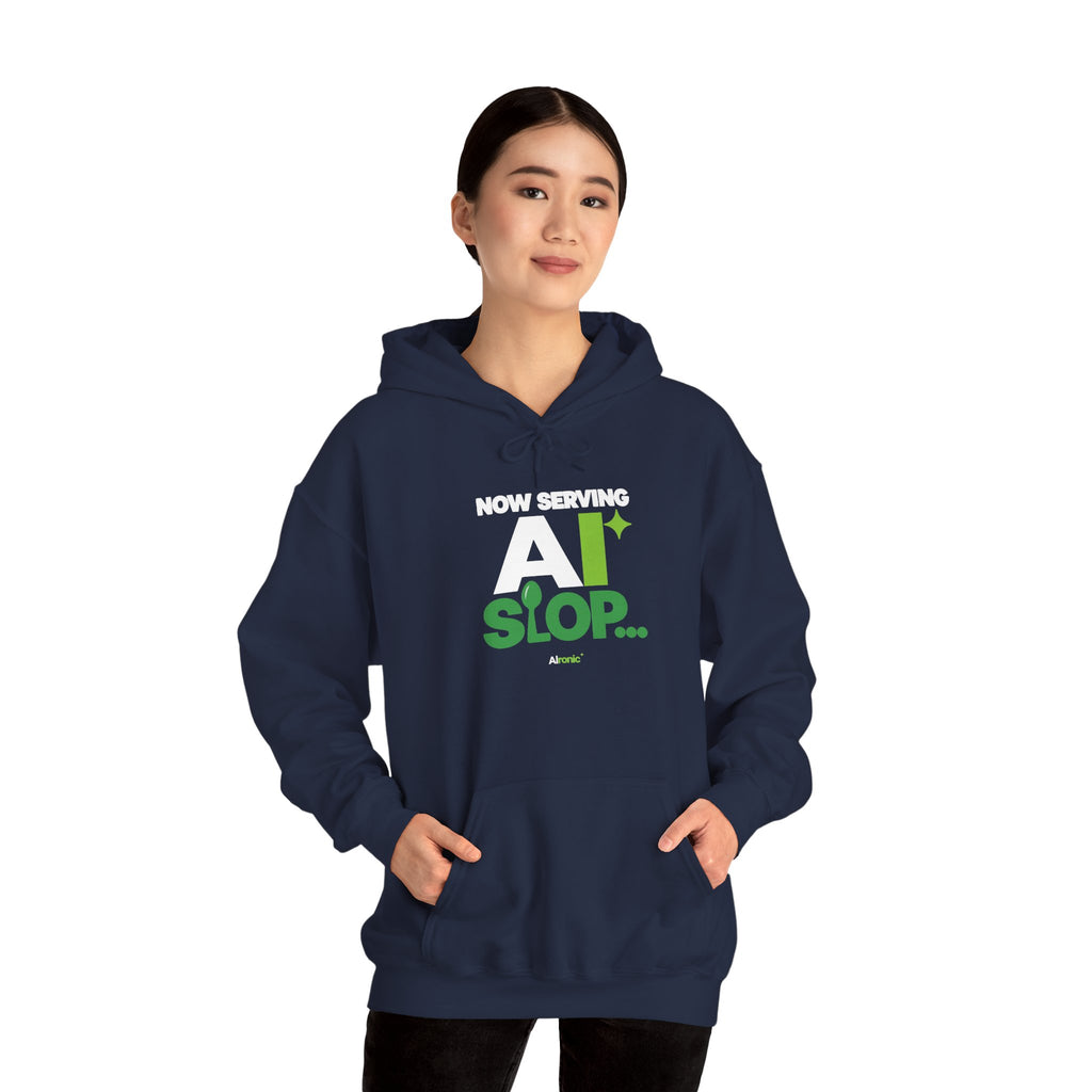 AIronic hoodie featuring "Now Serving AI Slop" AI humor design, gallery view 42
