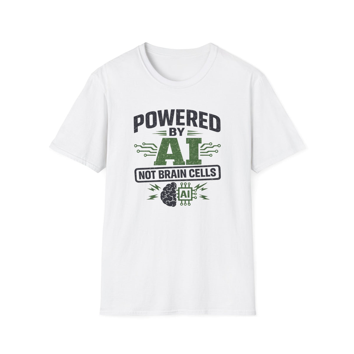 White T-Shirt featuring "Powered by AI" AI humor design by AIronic, gallery view 1